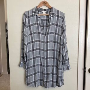 H&M Grey and Black Plaid Tunic Button Up Top Size 12
